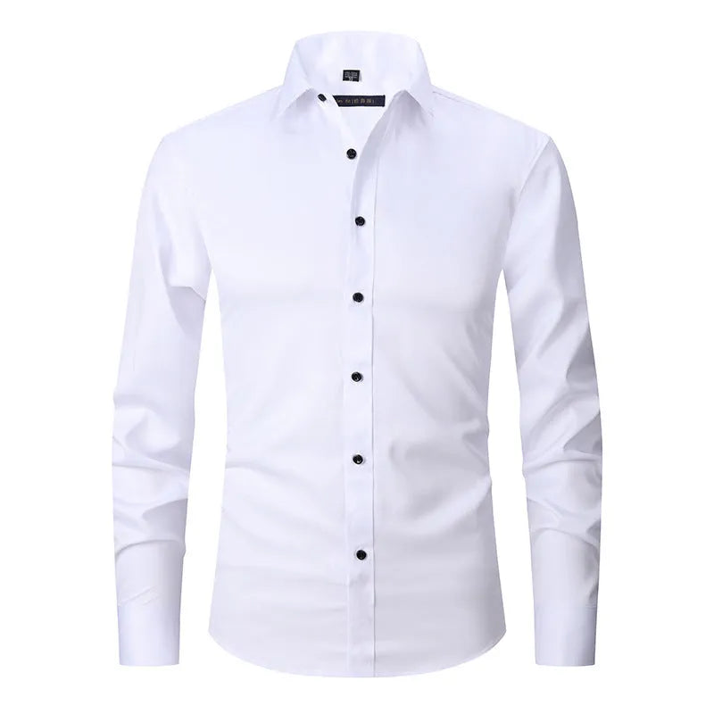 Men's polyester stretch long sleeve work shirt shown in multiple colour options with size chart