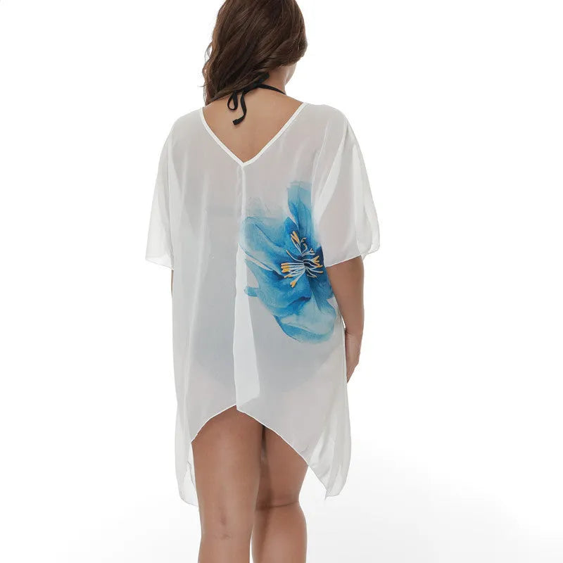 White plus size beach cover-up blouse for swimming and sun protection with loose free-size fit