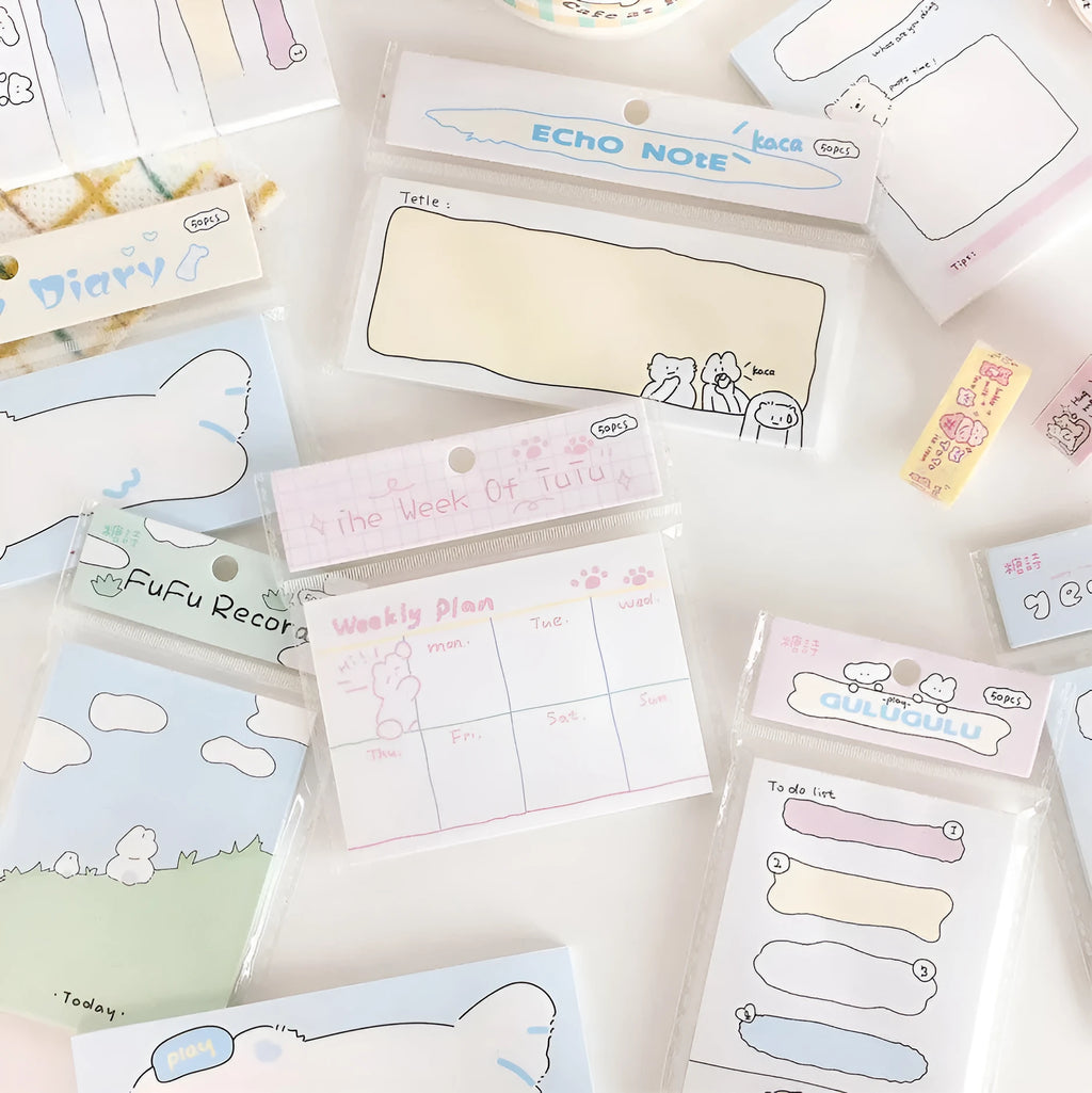 Cartoon design sticky notes in six styles with three different rectangular sizes