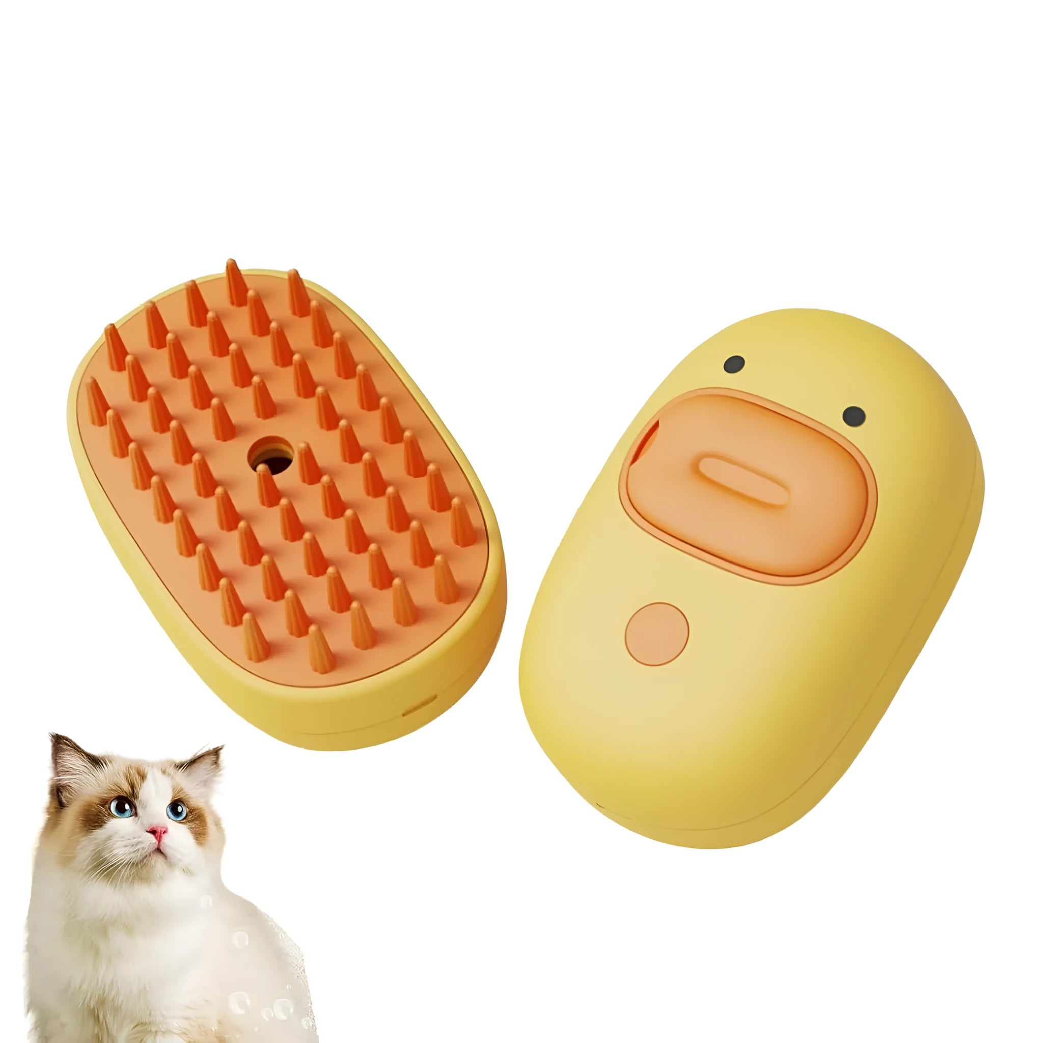 White and yellow rechargeable pet steam brush with rubber comb teeth and water tank.