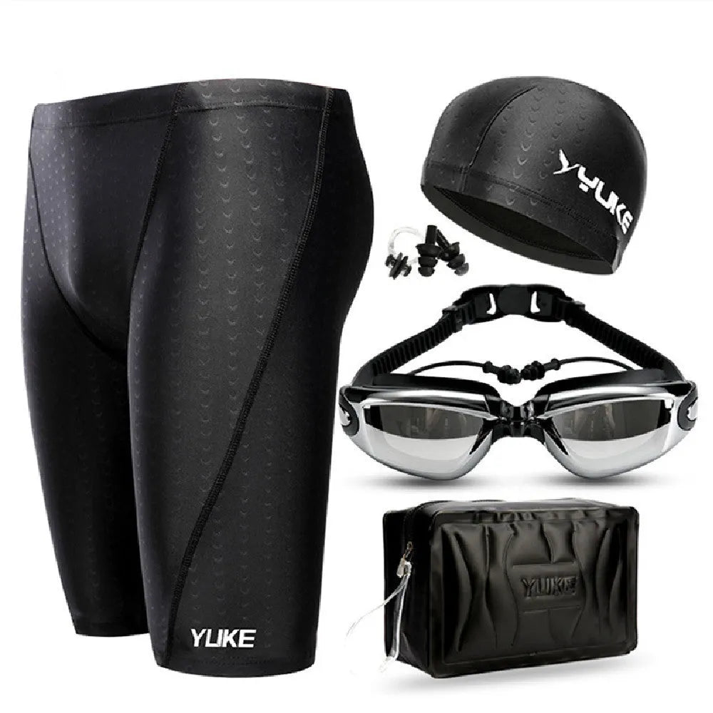 Men's black polyester swimming set with trunks, anti-fog goggles, cap, ear plugs, nose clip, and carrying bag
