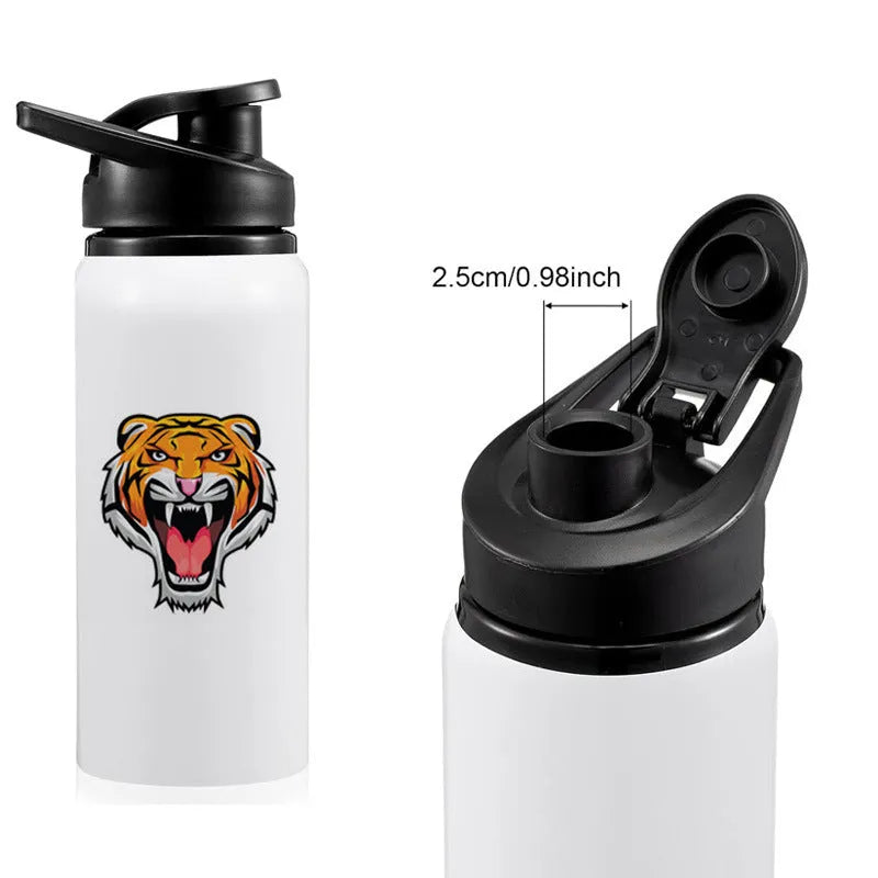 White aluminium sports water bottle shown in 600ml and 750ml sizes for cycling and outdoor use.