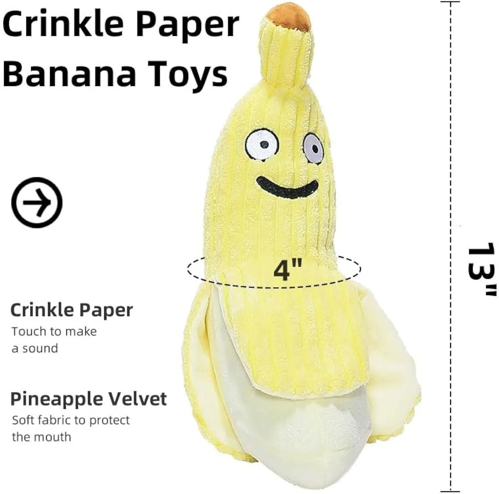 Yellow banana shaped plush cat toy with crinkle sound paper inside.