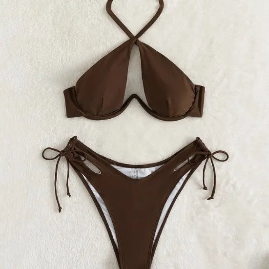 Brown women's halter-neck bikini top and briefs bottom on a mannequin.
