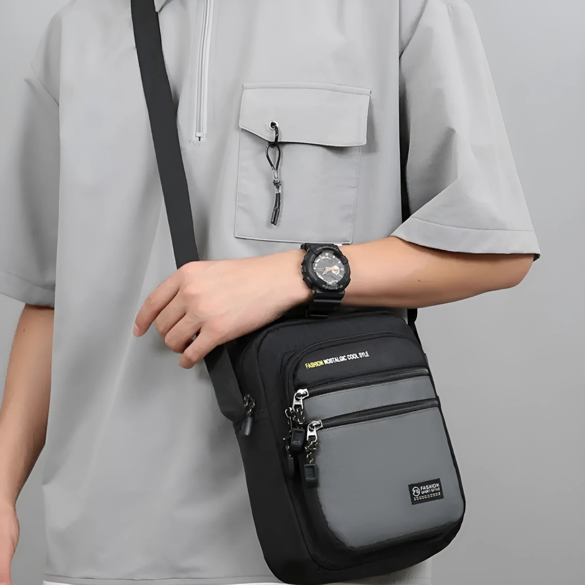 Men's waterproof nylon crossbody bag in green colour with shoulder strap and storage compartments