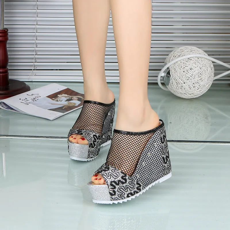 Korean platform lace-up sandals with a mesh upper, hollowed-out heel, and chunky waterproof sole in black, gold, or silver.