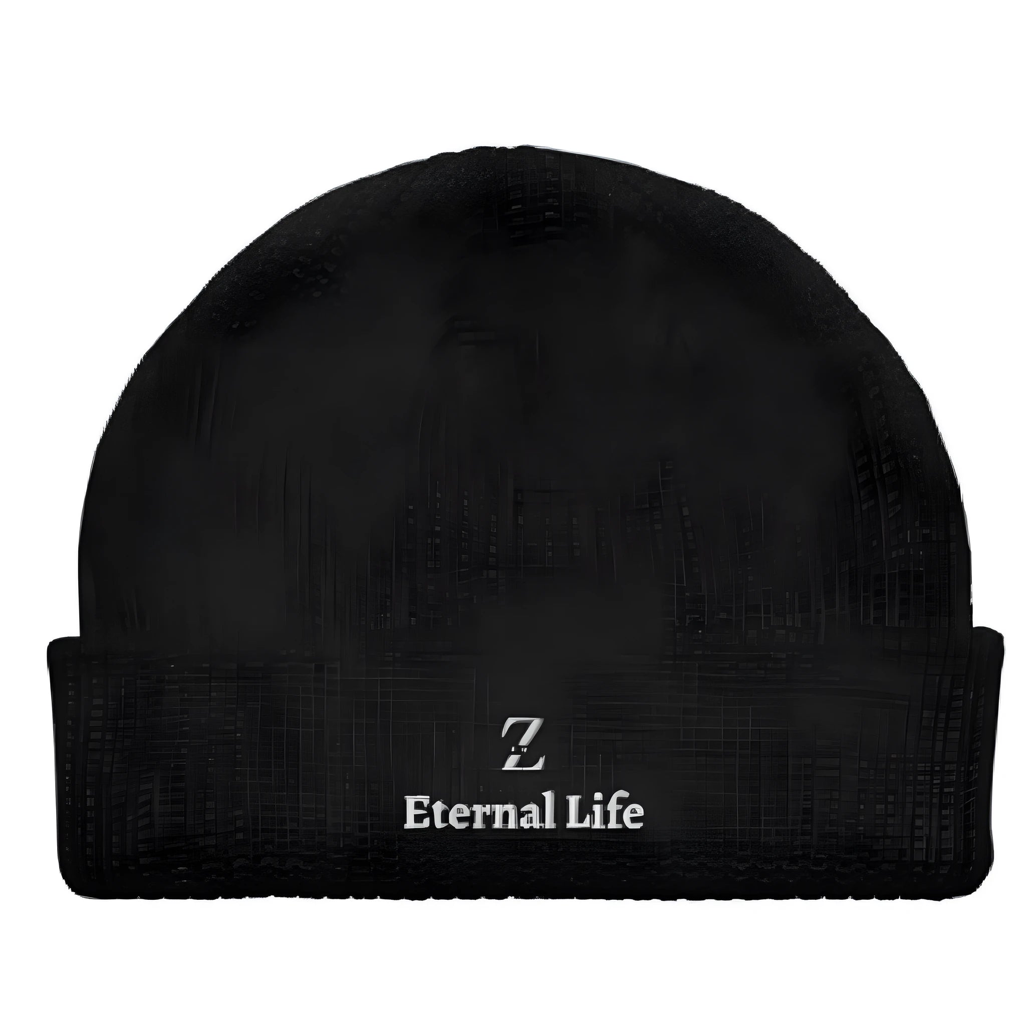 Black acrylic knitted hat with letter embroidery, round top, one size, on a plain background