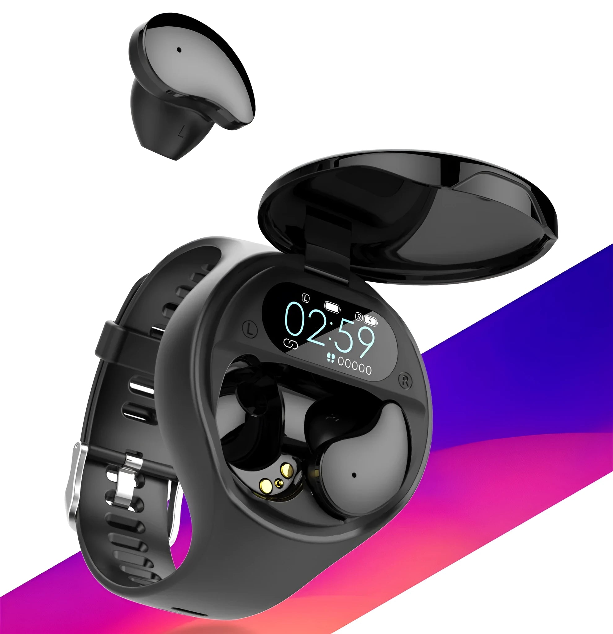 Black detachable smartwatch and Bluetooth headset combo showing fitness tracker bracelet and wireless earphones.