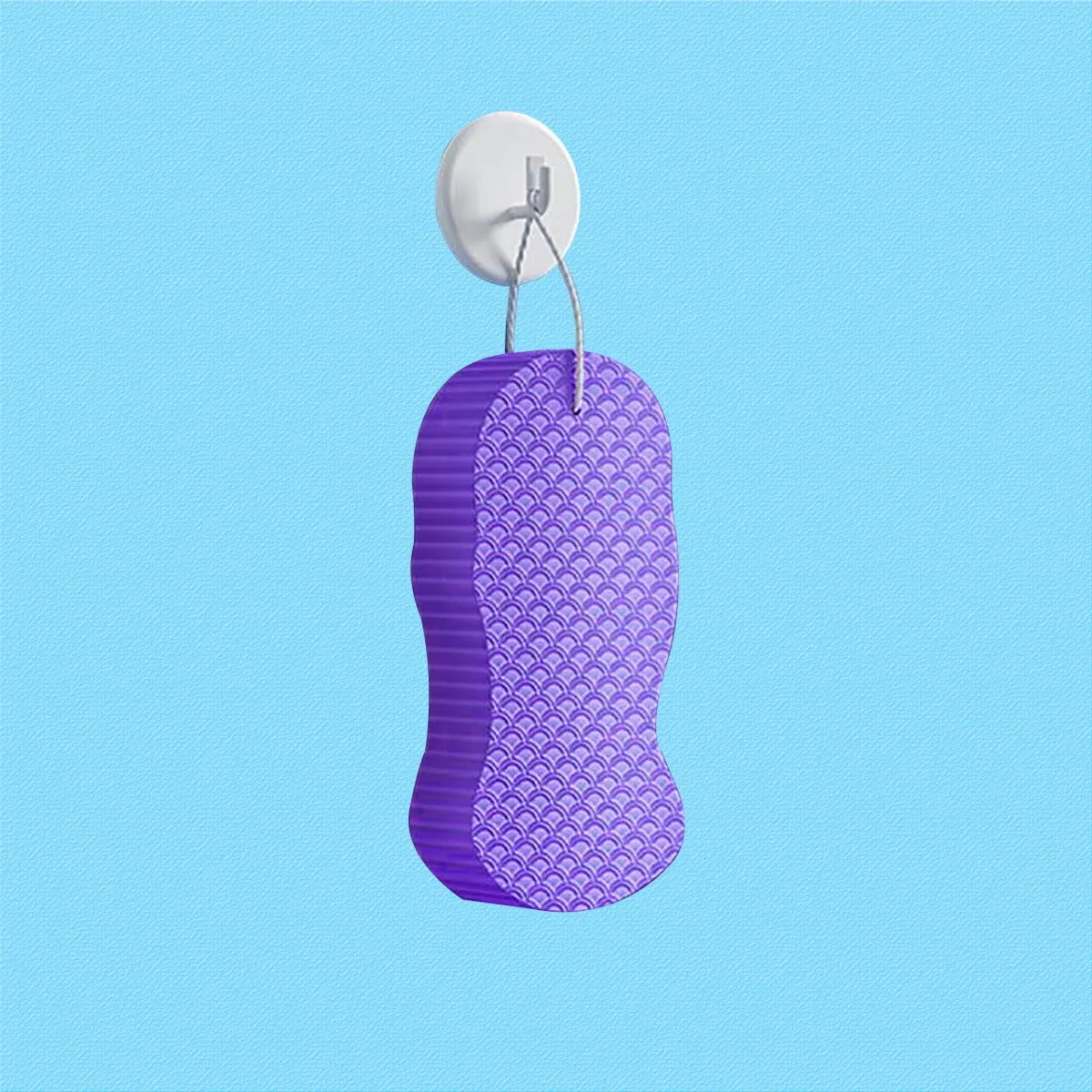 3D white bath sponge with fish scale pattern for gentle body exfoliation.
