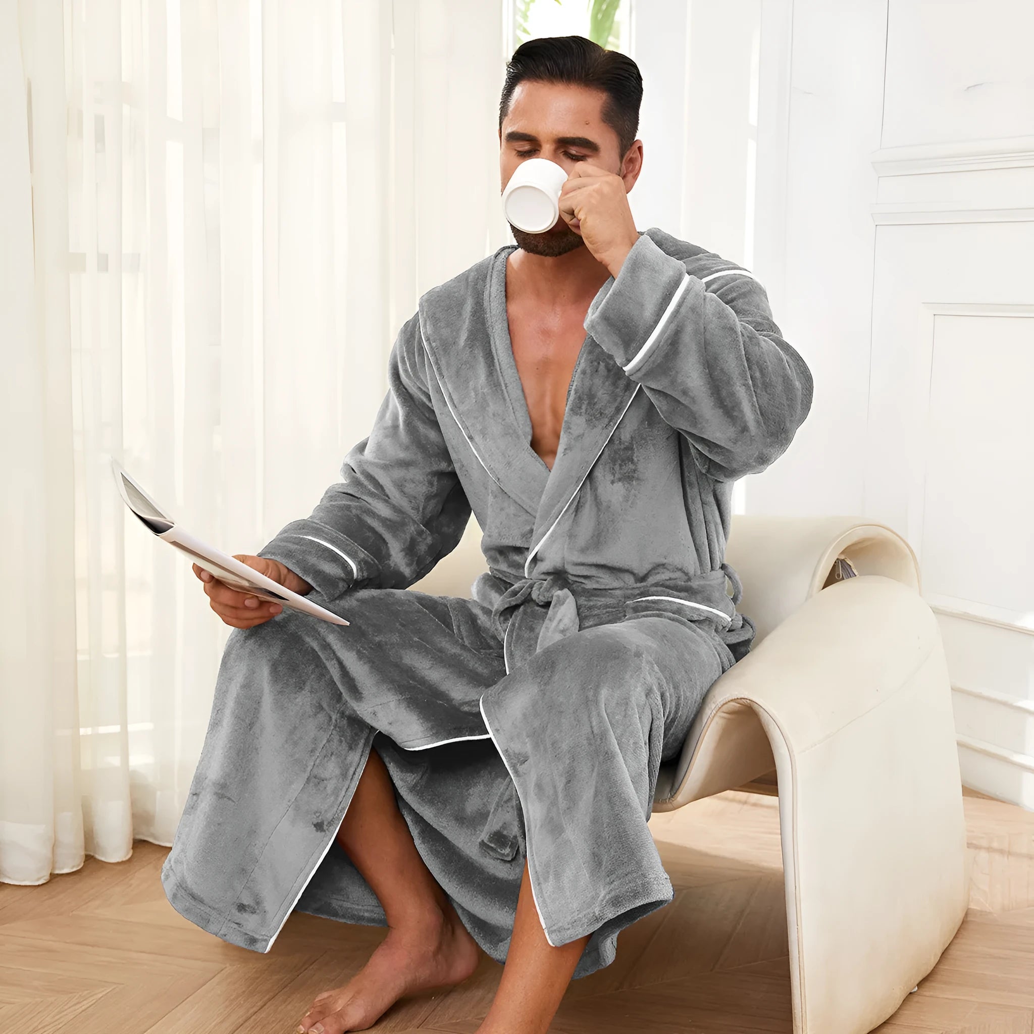 Fashion unisex flannel bathrobe in light gray, made from polyester, with a belt for home lounging in winter and autumn.