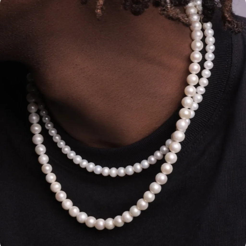 Natural mother of pearl unisex retro hip-hop clavicle necklace with multiple bead sizes and chain lengths