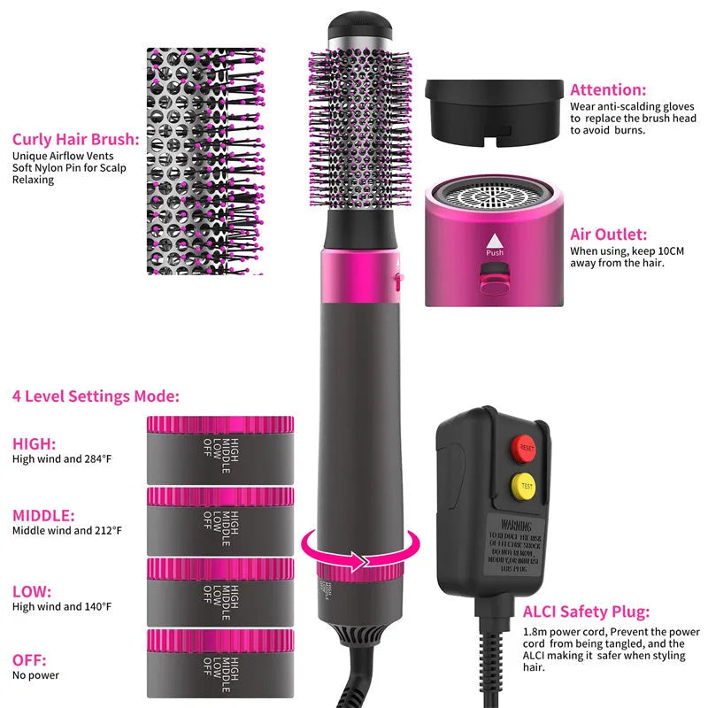 Dyson grey 5-in-1 hair dryer styling brush with interchangeable brush heads on white background