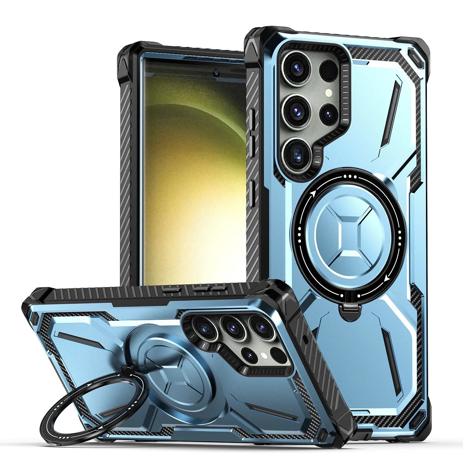 Magnetic phone case with ring holder bracket in black, drop-resistant PC TPU cover for Samsung or Apple