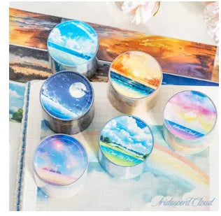 Roll of Japanese paper decorative tape with sky theme designs including clouds and nebula, labelled 30mm width.
