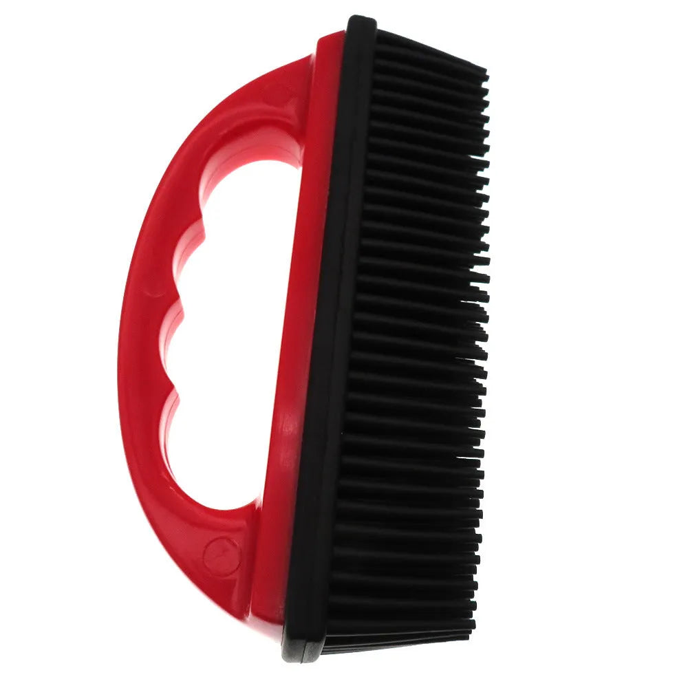 Red pet hair removal brush for grooming and carpet cleaning measuring 160mm by 85mm