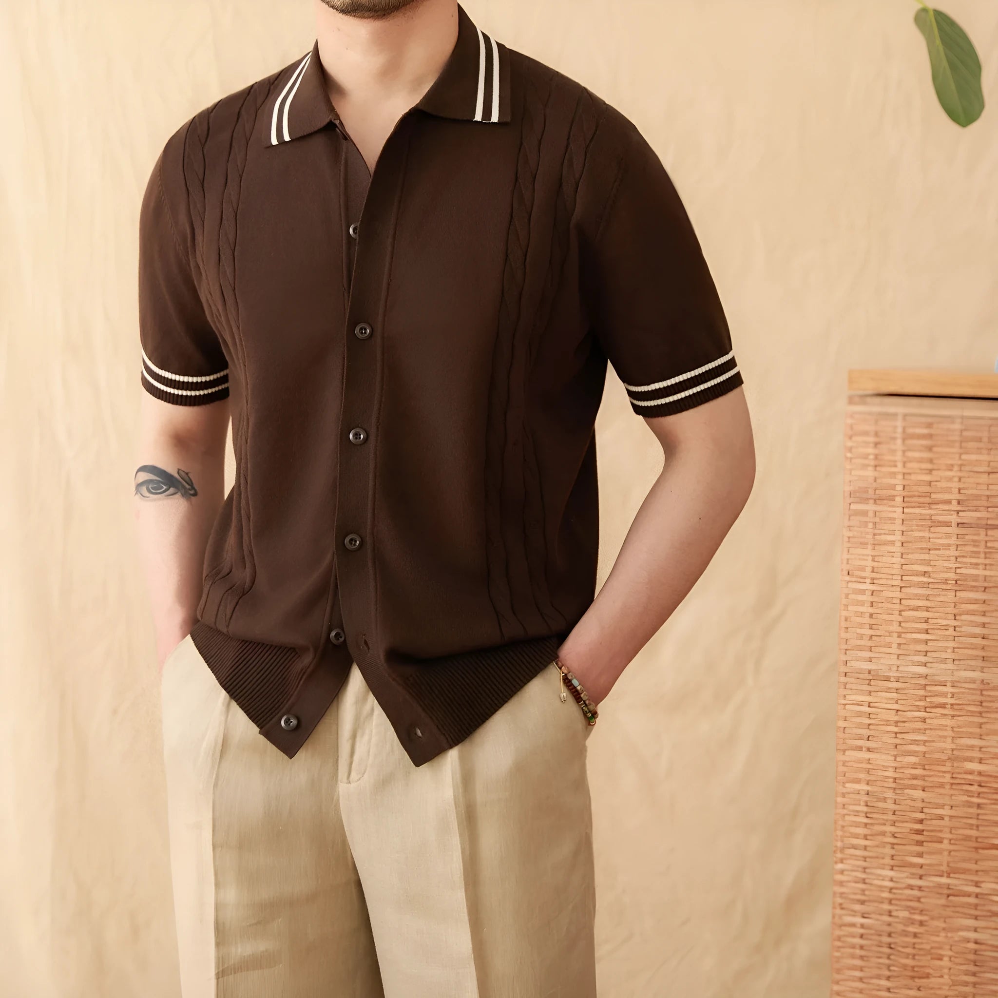 Men's cotton blend lapel collar polo shirt in apricot colour with short sleeves