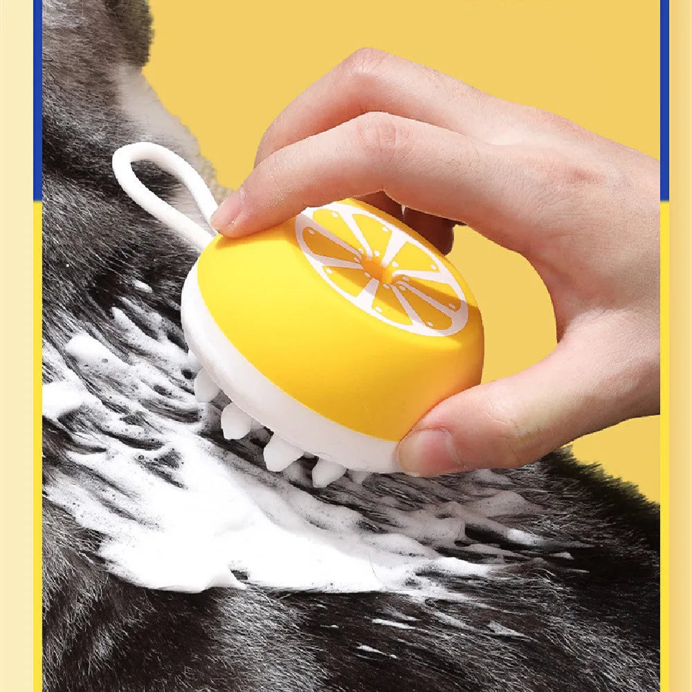 Yellow silicone pet bath brush with grooming comb and massage head functions