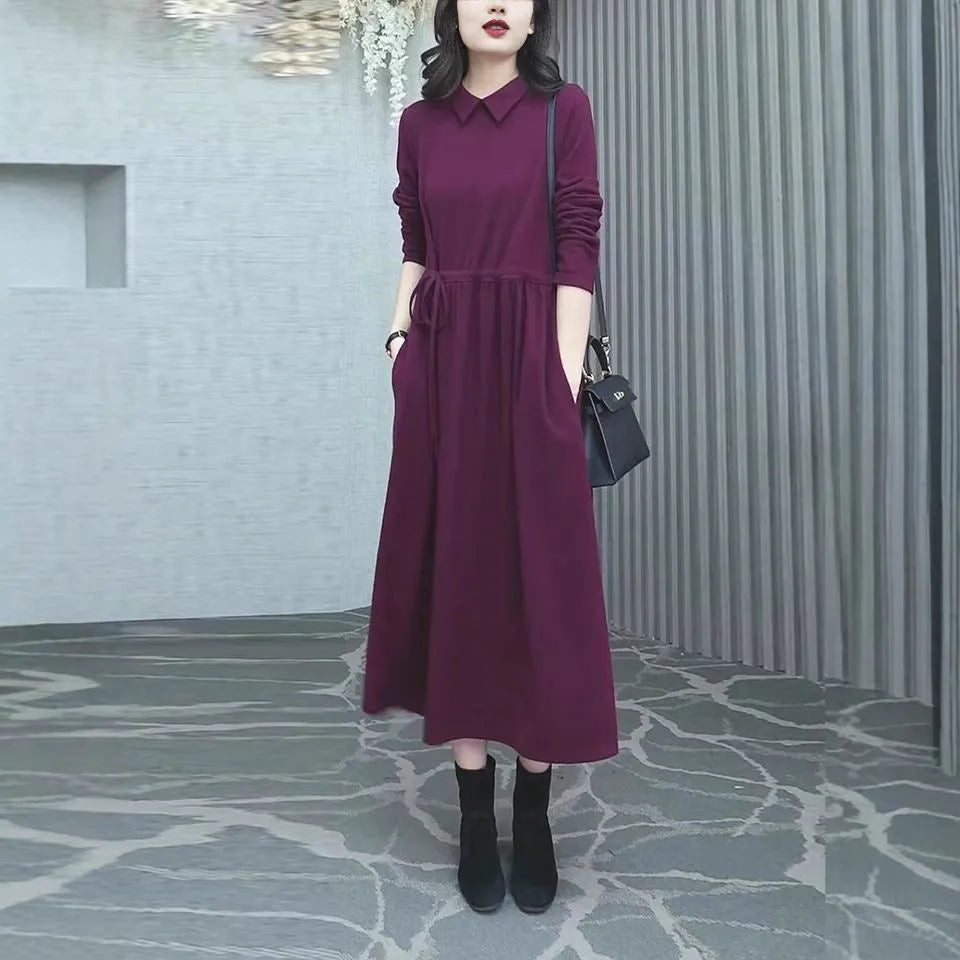 Purplish red women's long sleeve dress with extra long sleeves and long skirt, plus size options
