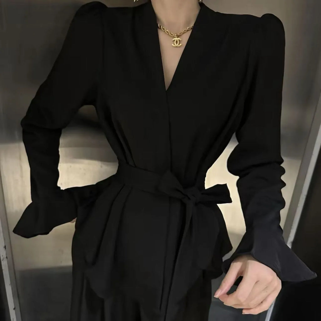 Women's French-style irregular collar long sleeve tied shirt with bell sleeves in black colour