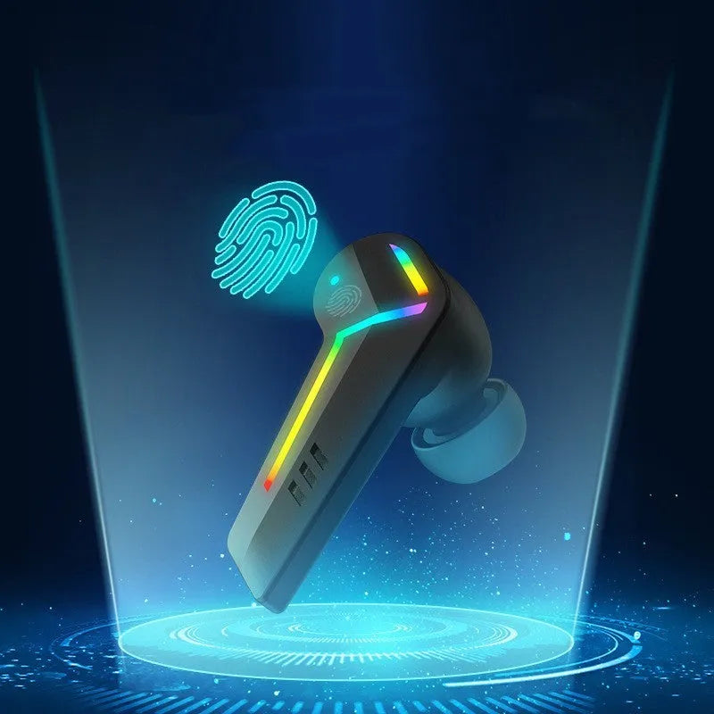 Black low latency TWS Bluetooth sports headset with NFC and earplug design on a dark background.