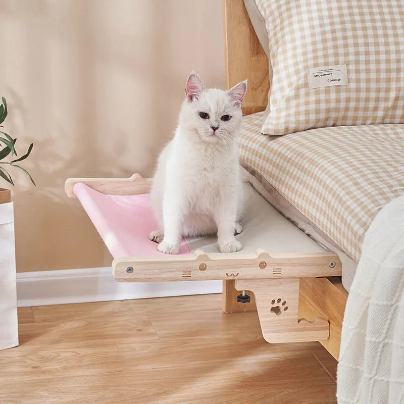 Wooden frame hanging cat hammock bed for balcony or window, suitable for cats and dogs.