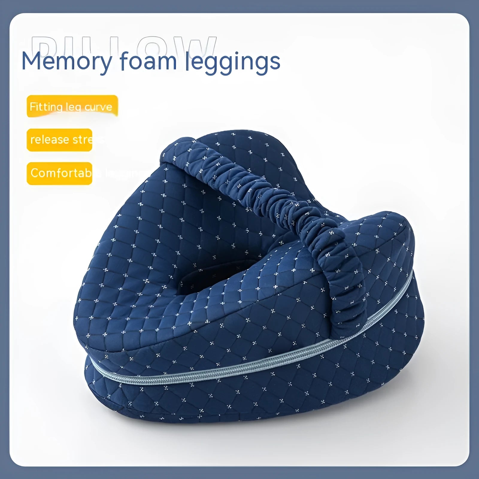 Heart-shaped dark blue jacquard memory foam leg pillow for adult knee support.