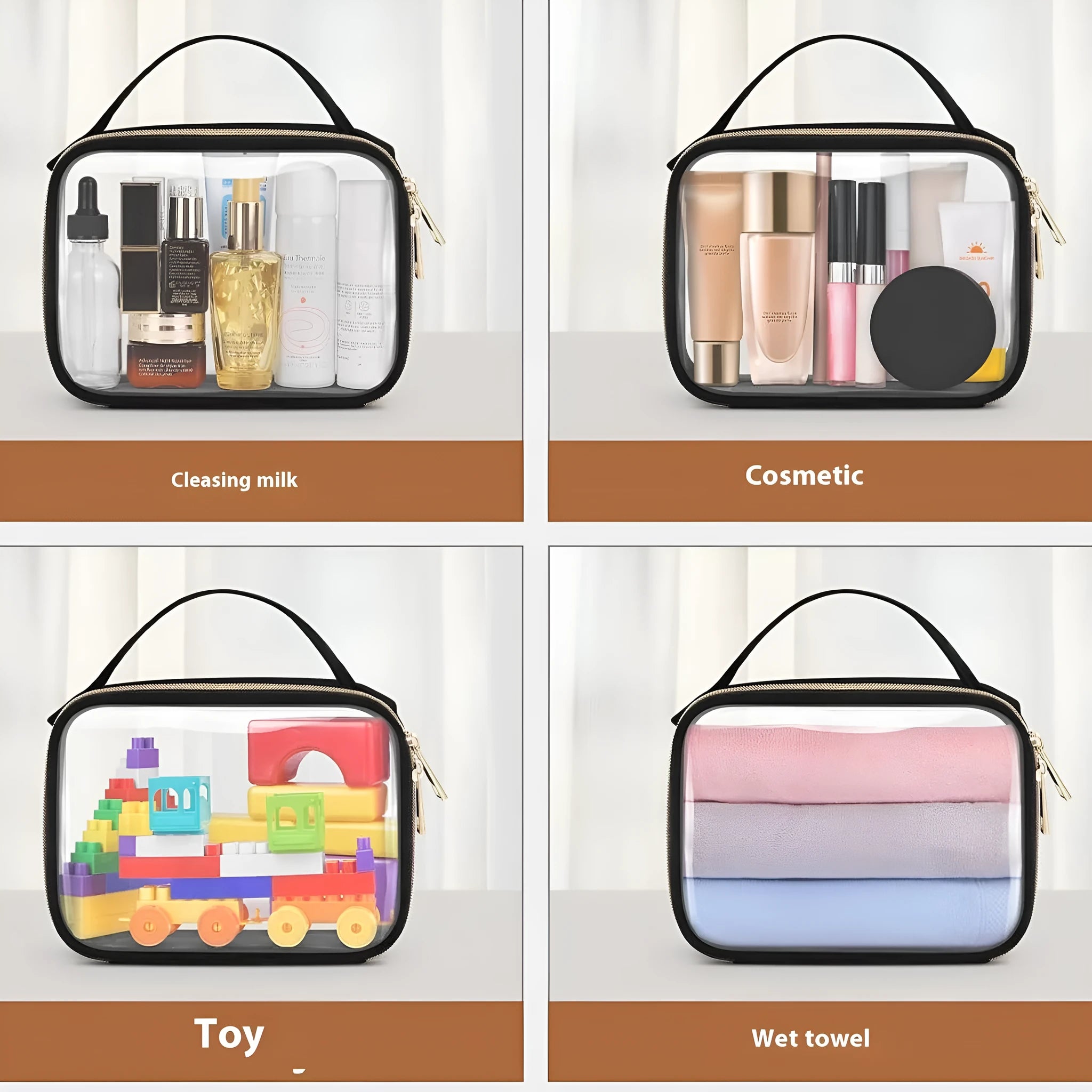 Transparent PVC cosmetic wash bag with chain handle showing lipstick storage