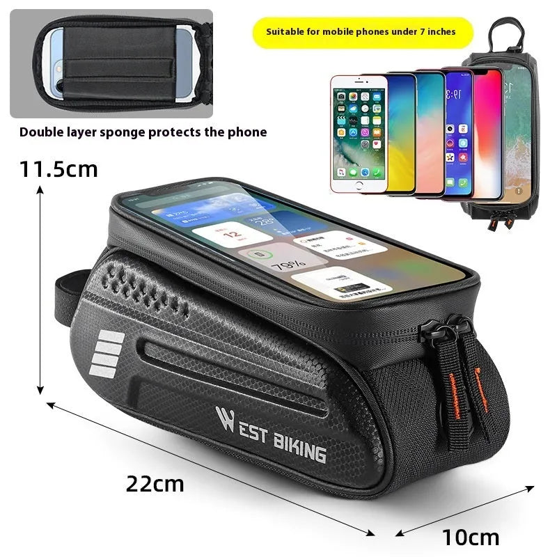 Bicycle Upper Tube Hard Shell Front Beam Bag Black 7 Inch EVA Polyester Storage Pann 1.5L Capacity Padded Bike Frame Bag for Accessories Quick Mount Cycling Organiser Padded Shell Protection