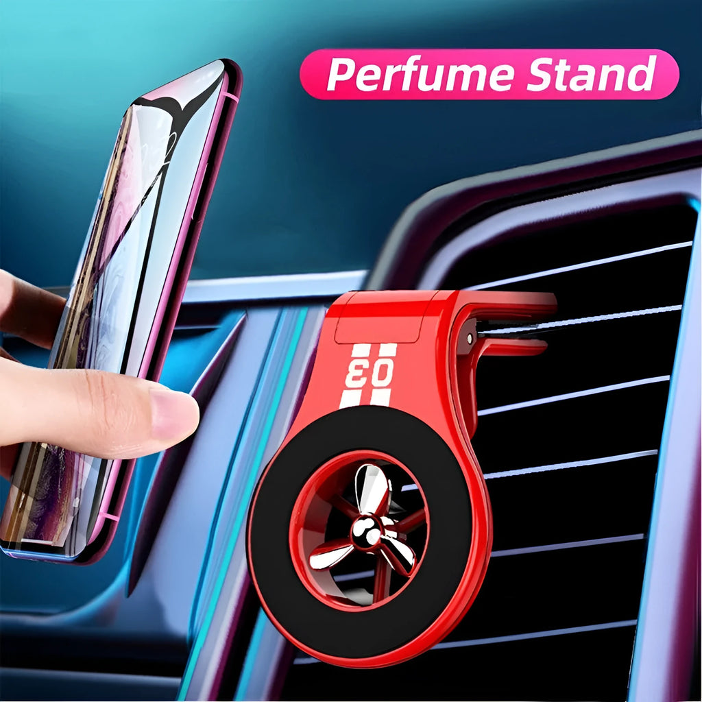 Magnetic car phone holder mounted on air vent with smartphone attached and perfume slices