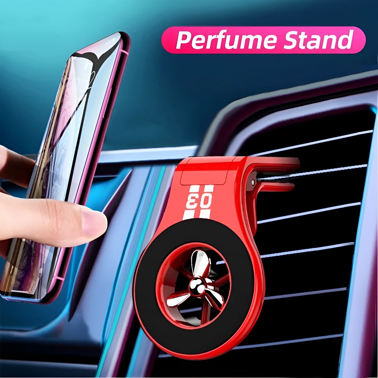 Magnetic car phone holder mounted on air vent with smartphone attached and perfume slices