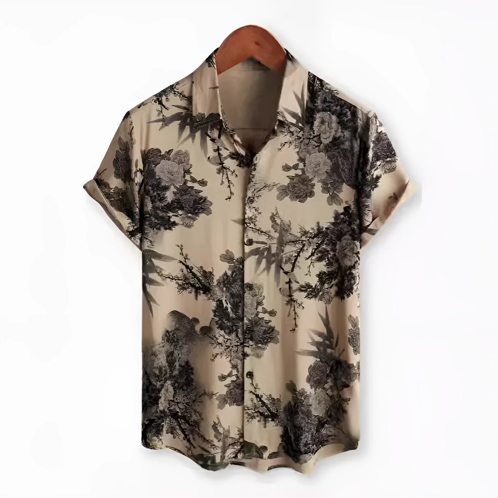 Hawaiian floral print short sleeve shirt with lapel collar on a hanger