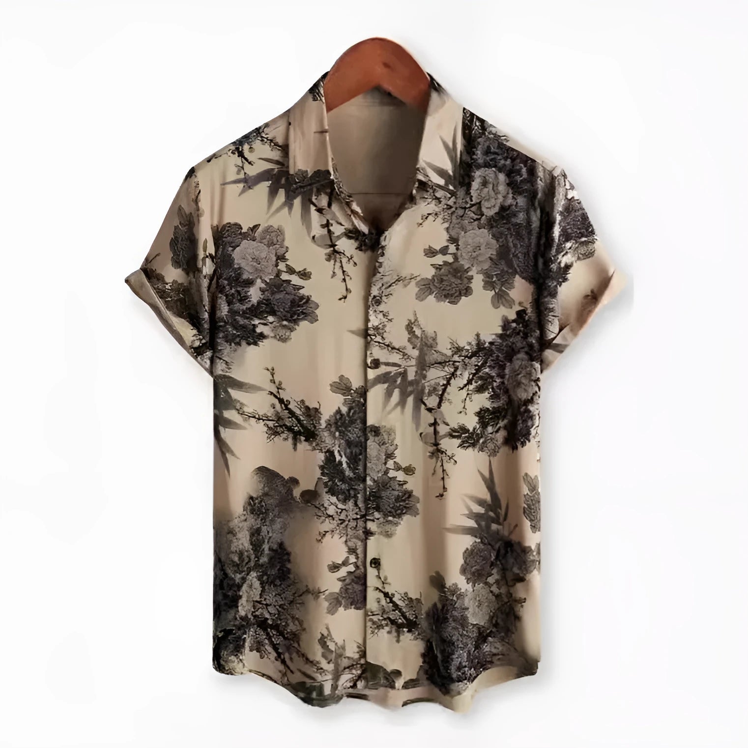 Hawaiian floral print short sleeve shirt with lapel collar on a hanger