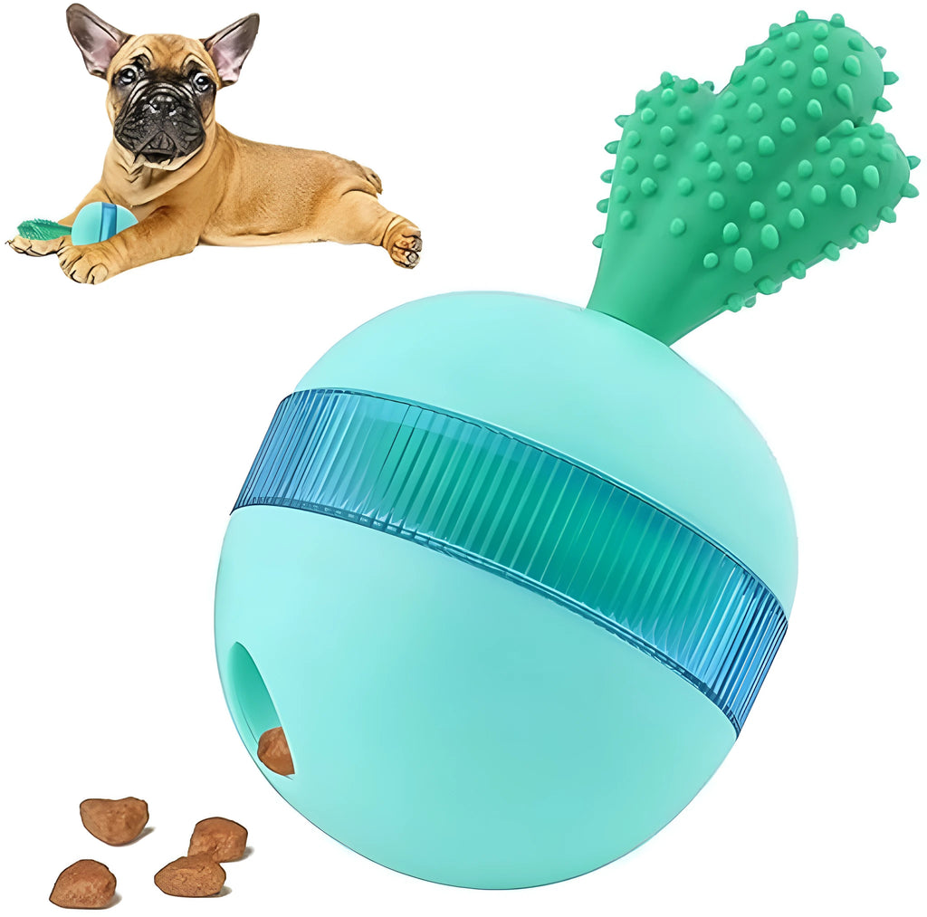 Blue or green durable rubber dog treat dispensing puzzle ball toy for medium large breeds