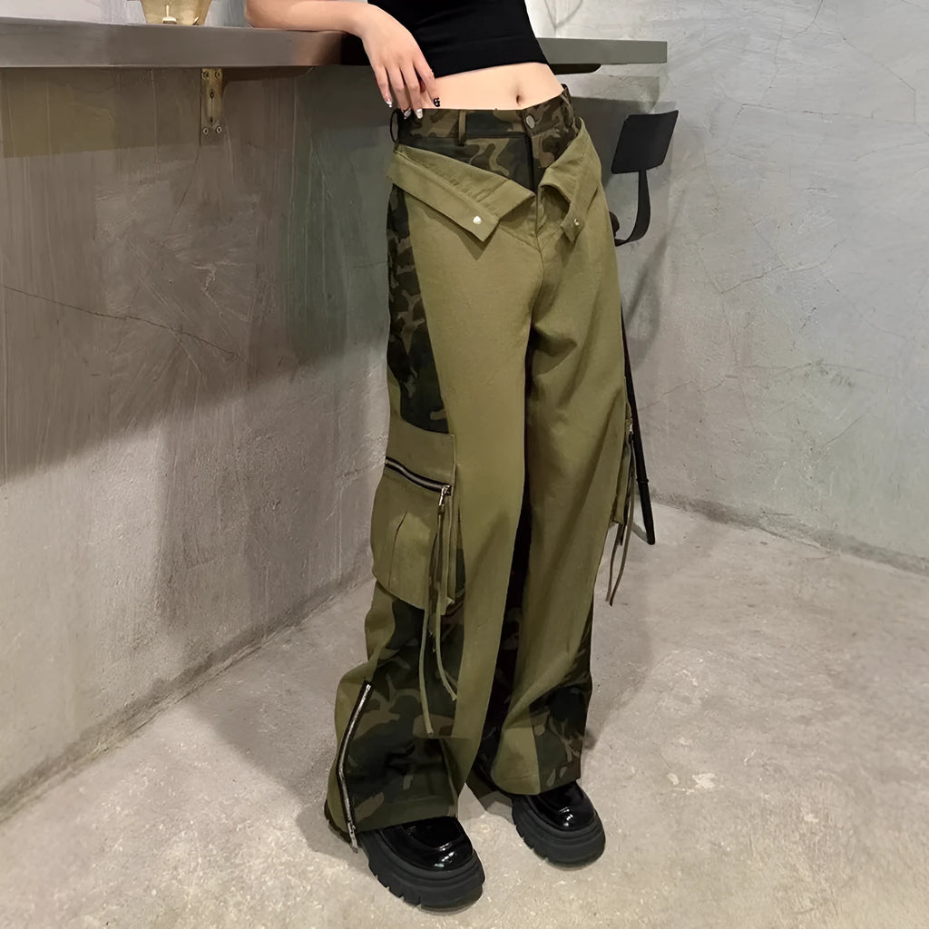 Dark khaki leopard print high waist tooling pants with fake two stitching detail on straight leg denim jeans
