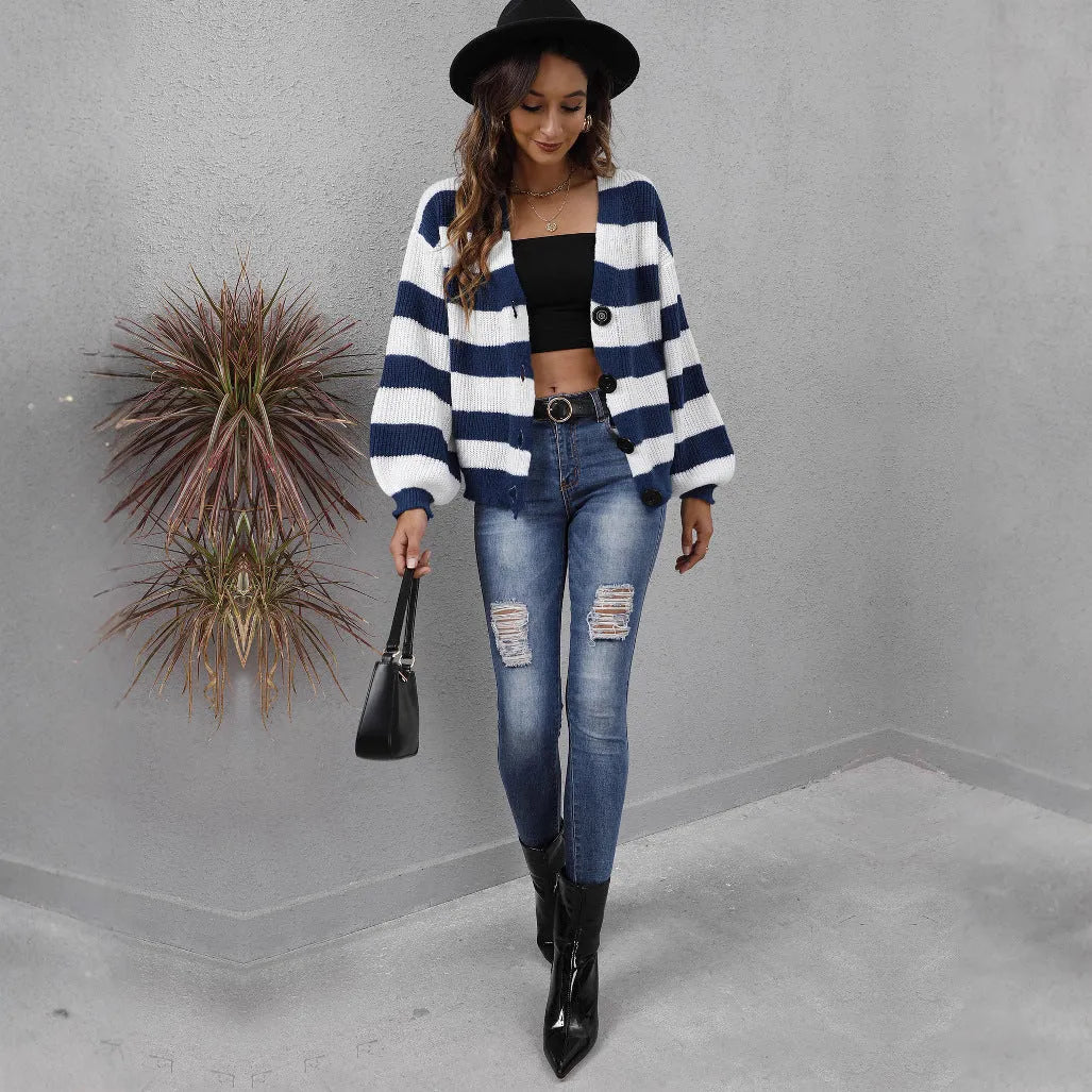 Women's striped cardigan sweater in deer plush polyester fabric with button stitching detail