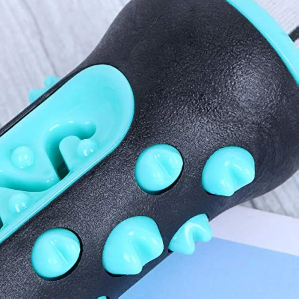 Natural rubber dog toothbrush chew toy in blue colour for dental cleaning.