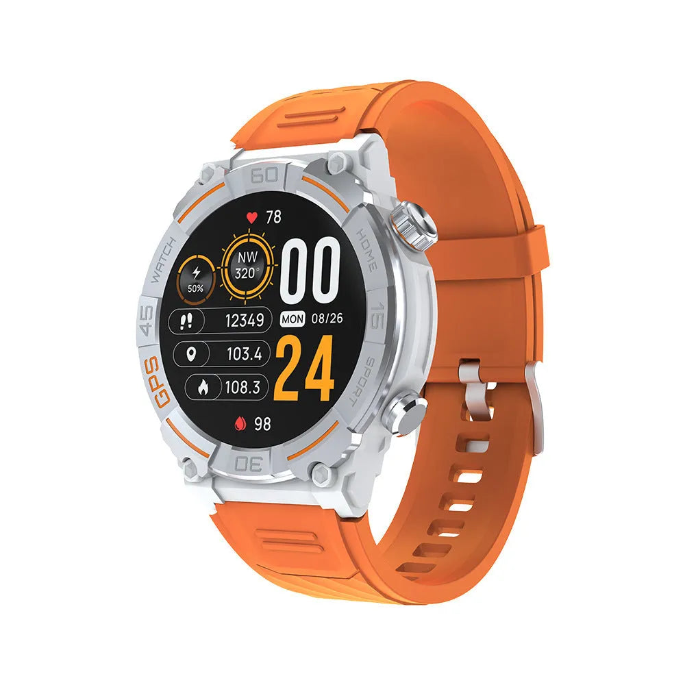 MG02 smart watch in black, khaki, or silver orange with TFT touchscreen and strap.
