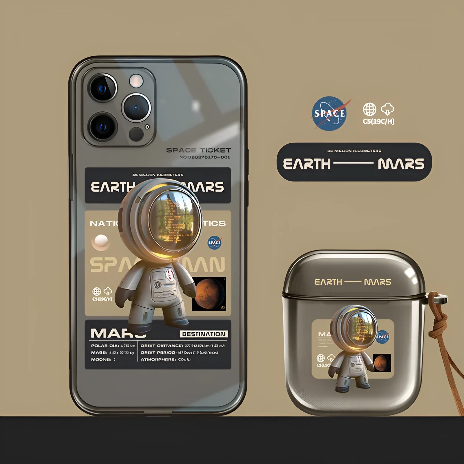 Black TPU anti-drop soft case for iPhone, showing front and back views with Mars Ticket graphic design.