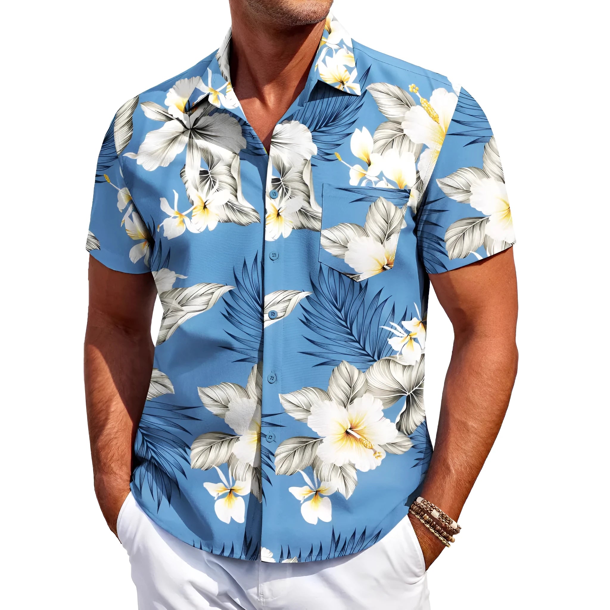 Men's slim fit cardigan style shirt with short sleeves in four-sided elastic polyester fabric