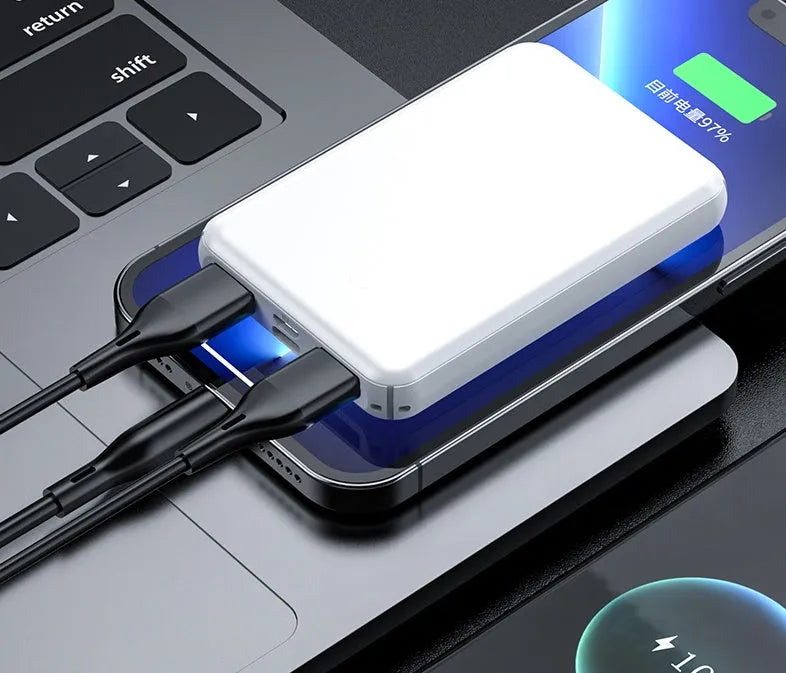Electric heating vest power bank with USB output in black or white, measuring 97mm by 64mm
