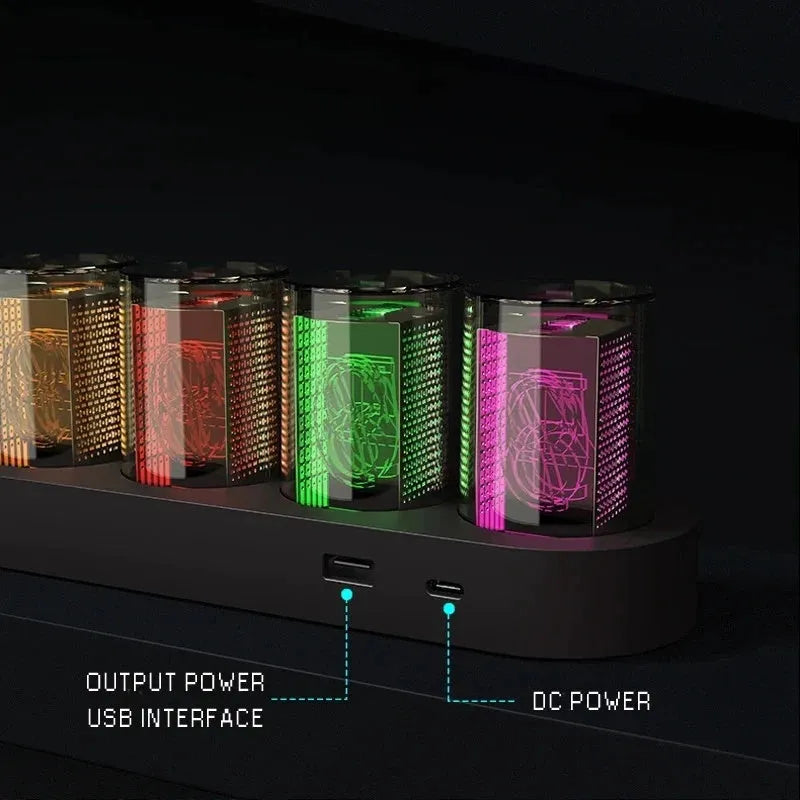 RGB Luminotron LED digital clock showing colourful display on desktop