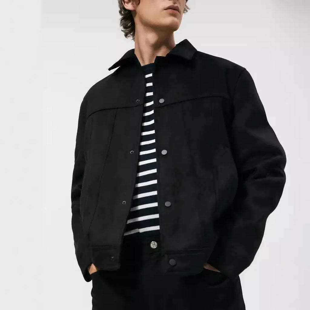 Black men's hooded jacket with suede collar, side pockets, and straight hem design