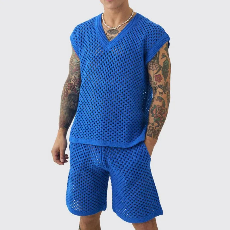 Men's blue cotton polyester vest shorts set for sports with v-neck sleeveless top