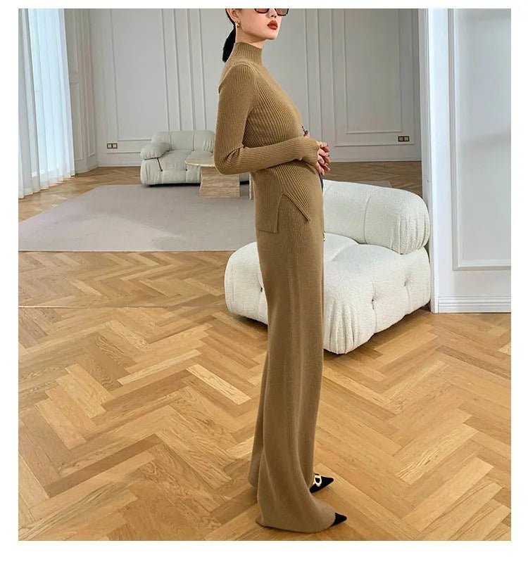 Women's apricot knitted three-piece set showing cardigan, top and wide-leg trousers with leather stitching
