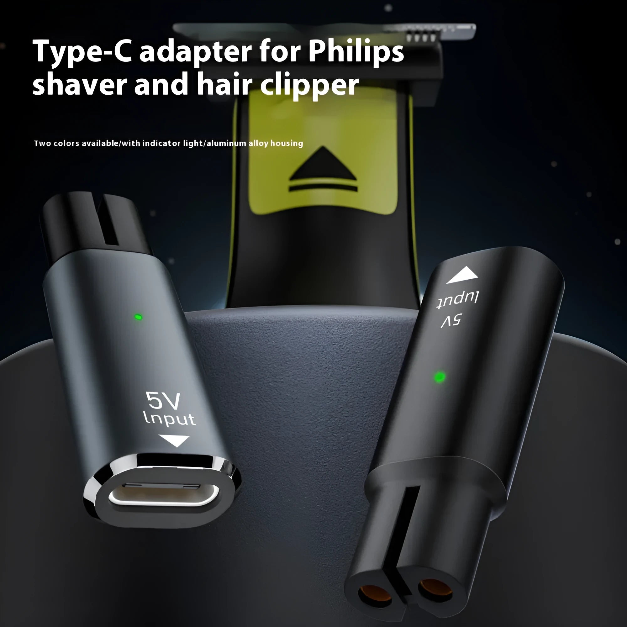 USB-C charging adapter for electric shavers and hair clippers in black or grey aluminium alloy housing