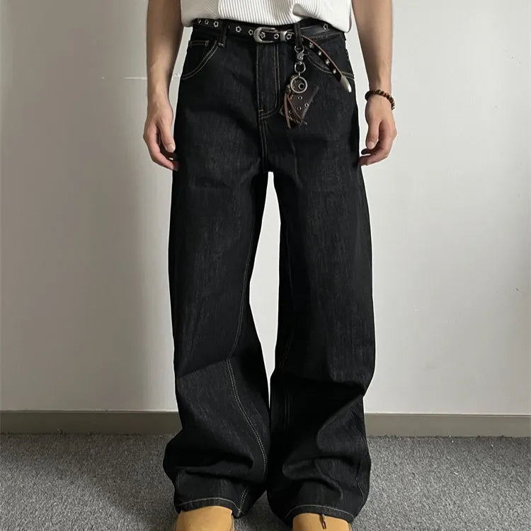 Black loose wide-leg retro jeans with straight-leg cut and mid-rise waist