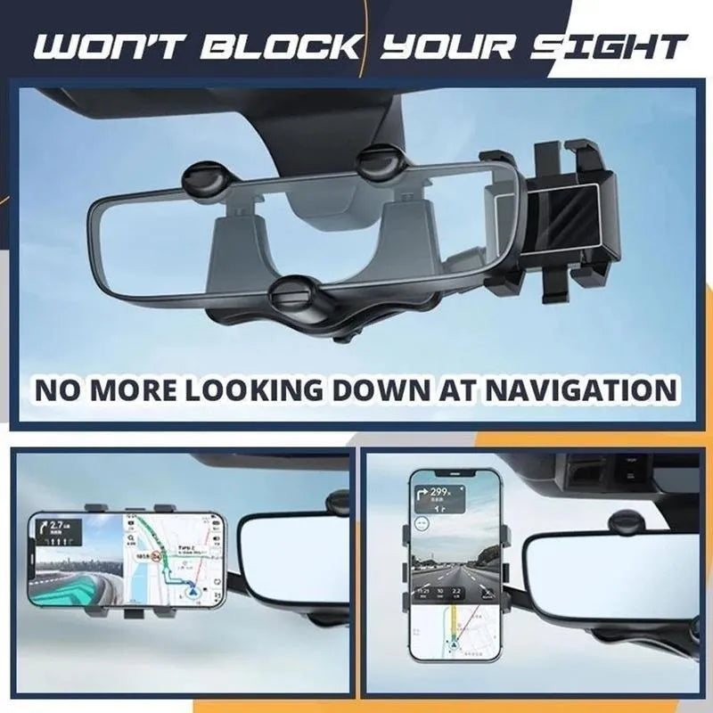 Black rearview mirror car phone holder showing adjustable arm and universal four-claw phone grip.