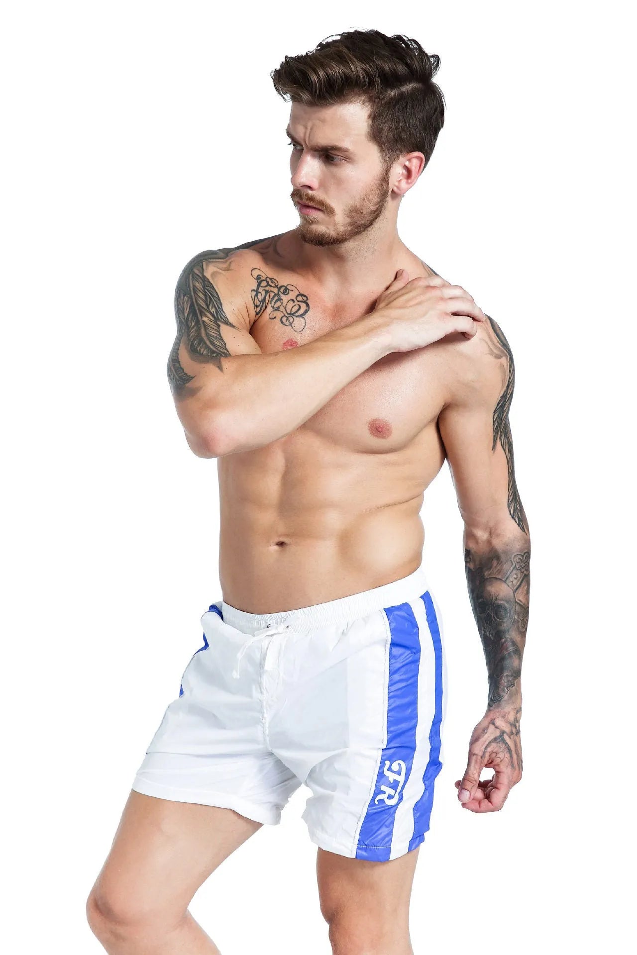 Men's blue lace-up sports shorts with slim fit design and stretch polyester fabric
