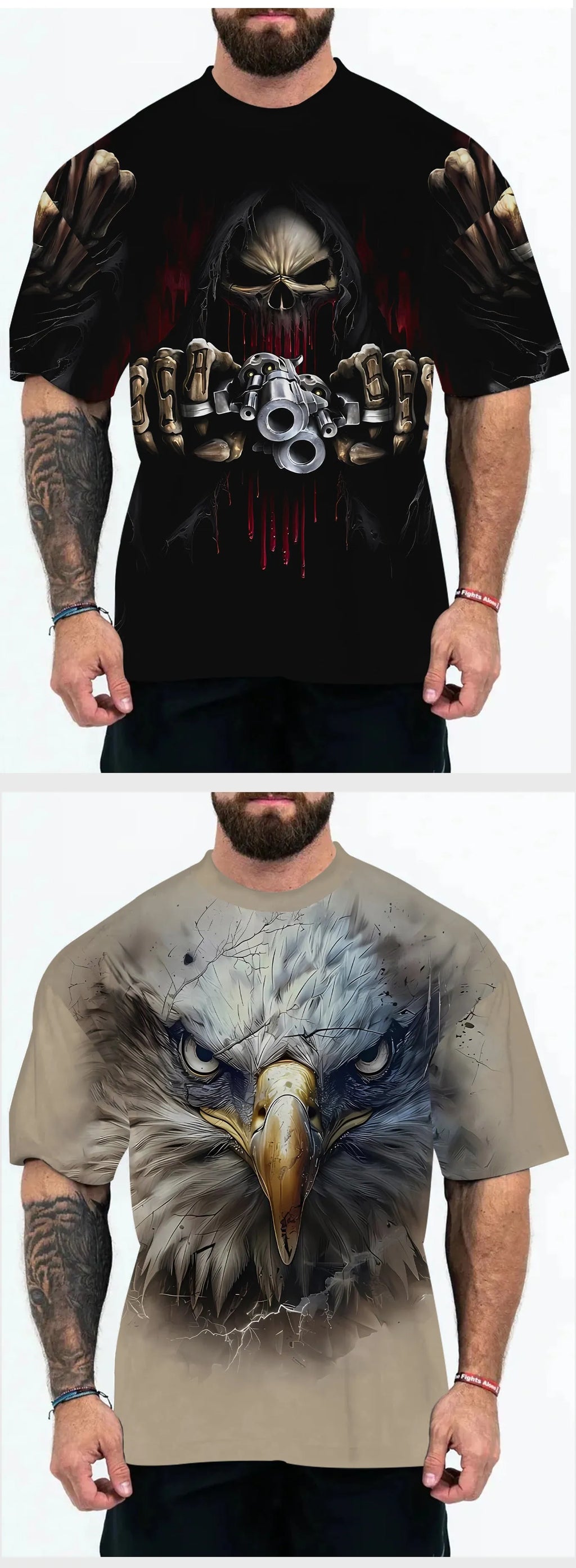 Loose fit men's casual T-shirt with short sleeves in thin fabric, showing printed design options.