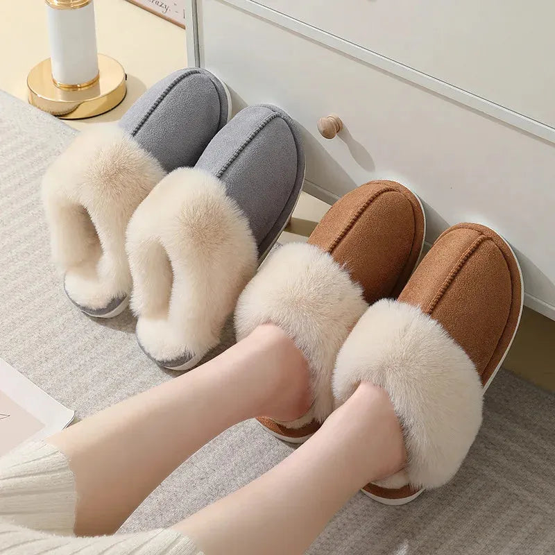 Women's indoor plush slippers in round-toe design with cotton upper and PVC anti-slip soles